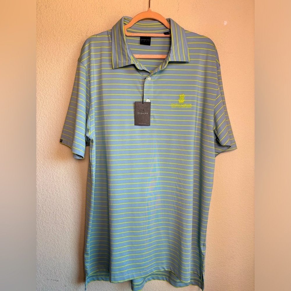 NWT Ritz Carlton Orlando Golf Club Dunning Performance Polo Light Blue Stripe XL